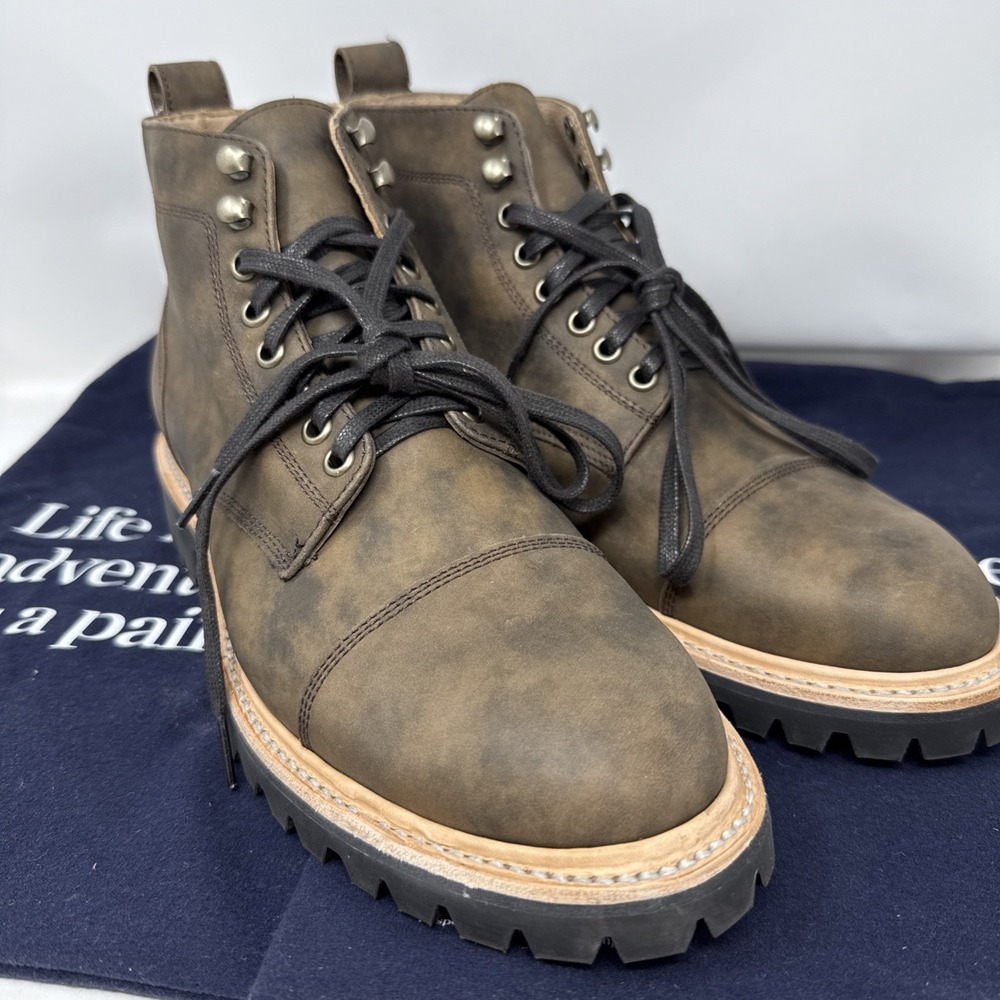 Men 8.5 Taylor Stitch Moto Boot Espresso Grizzly Leather Ankle Vibram Motorcycle